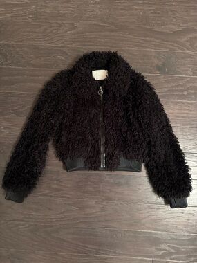 Zara Black Faux Fur Zip Jacket with faux leather cuffs